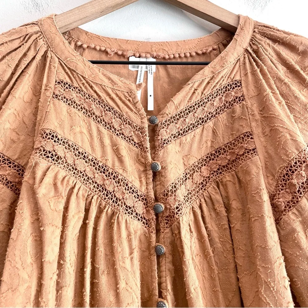 By Anthropologie Harmony Button Down Front Crochet Inset Puff Sleeve Top